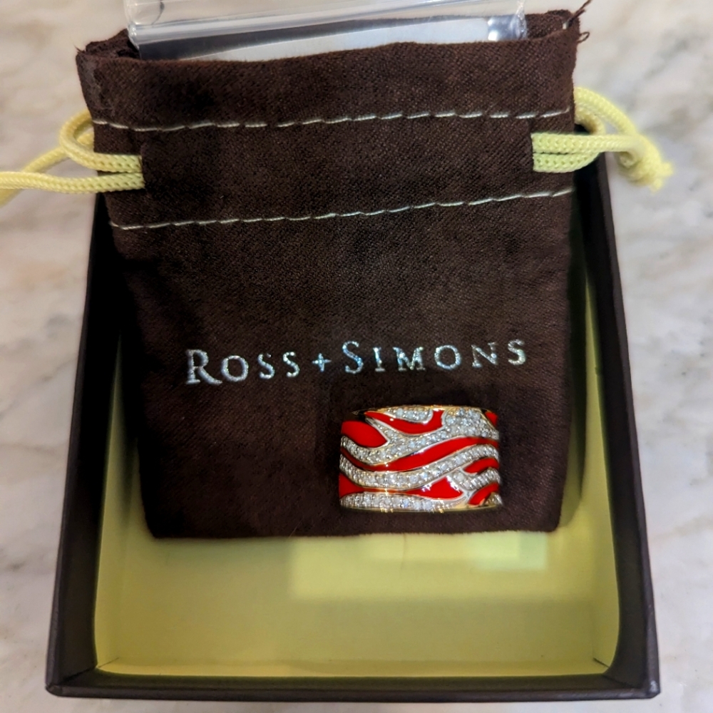 Ross Simons 50 ct. t.w. Diamond; Red Enamel Flame Ring, 18kt Gold Over Sterling
